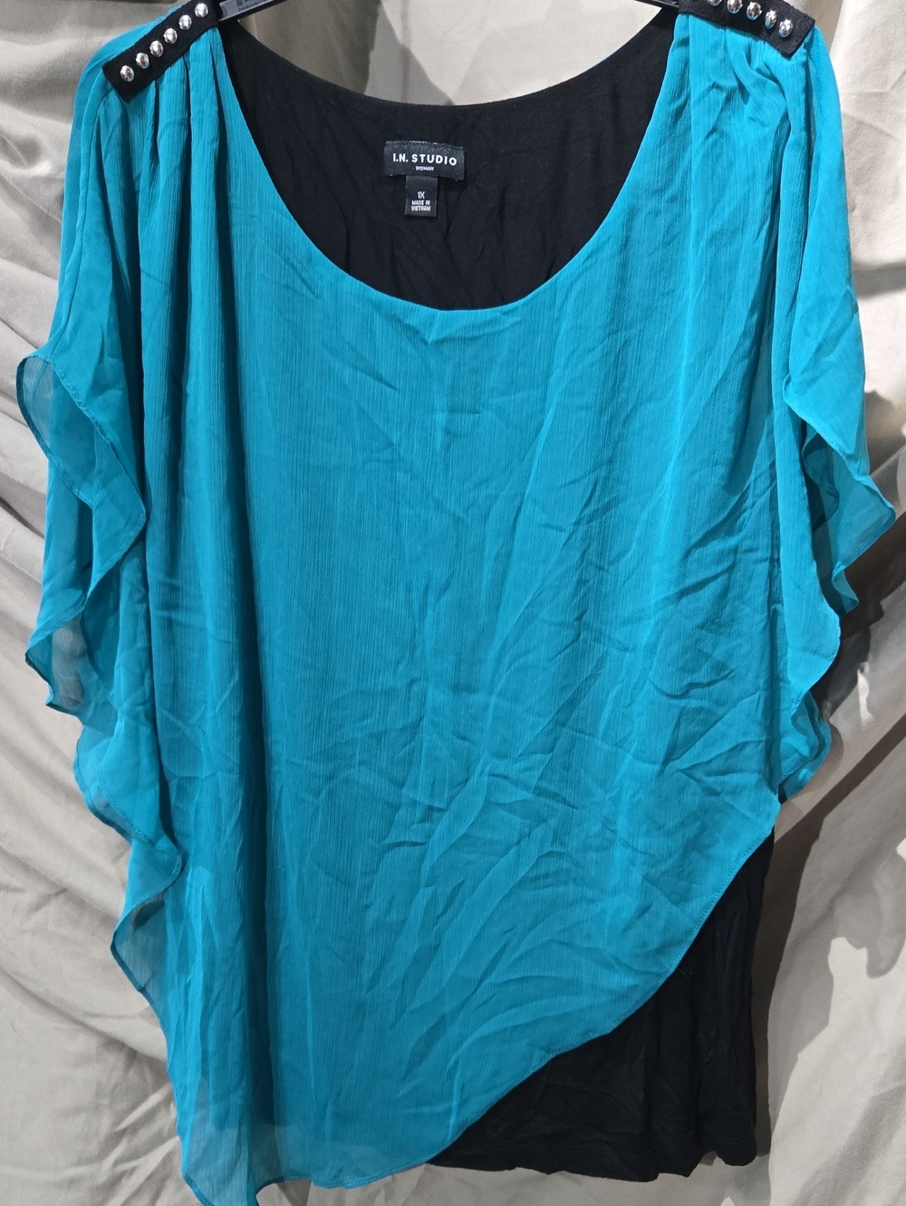 I.N. Studio Teal Overlay Flutter Sleeve Tunic
